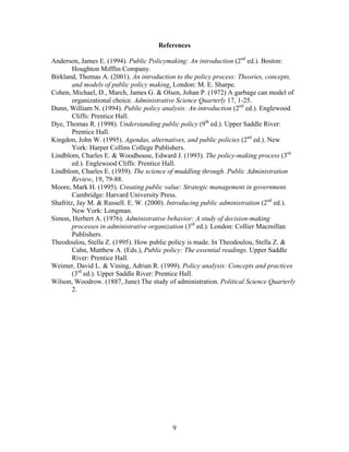 9
References
Anderson, James E. (1994). Public Policymaking: An introduction (2nd
ed.). Boston:
Houghton Mifflin Company.
Birkland, Thomas A. (2001). An introduction to the policy process: Theories, concepts,
and models of public policy making. London: M. E. Sharpe.
Cohen, Michael, D., March, James G. & Olsen, Johan P. (1972) A garbage can model of
organizational choice. Administrative Science Quarterly 17, 1-25.
Dunn, William N. (1994). Public policy analysis: An introduction (2nd
ed.). Englewood
Cliffs: Prentice Hall.
Dye, Thomas R. (1998). Understanding public policy (9th
ed.). Upper Saddle River:
Prentice Hall.
Kingdon, John W. (1995). Agendas, alternatives, and public policies (2nd
ed.). New
York: Harper Collins College Publishers.
Lindblom, Charles E. & Woodhouse, Edward J. (1993). The policy-making process (3rd
ed.). Englewood Cliffs: Prentice Hall.
Lindblom, Charles E. (1959). The science of muddling through. Public Administration
Review, 19, 79-88.
Moore, Mark H. (1995). Creating public value: Strategic management in government.
Cambridge: Harvard University Press.
Shafritz, Jay M. & Russell. E. W. (2000). Introducing public administration (2nd
ed.).
New York: Longman.
Simon, Herbert A. (1976). Administrative behavior: A study of decision-making
processes in administrative organization (3rd
ed.). London: Collier Macmillan
Publishers.
Theodoulou, Stella Z. (1995). How public policy is made. In Theodoulou, Stella Z. &
Cahn, Matthew A. (Eds.), Public policy: The essential readings. Upper Saddle
River: Prentice Hall.
Weimer, David L. & Vining, Adrian R. (1999). Policy analysis: Concepts and practices
(3rd
ed.). Upper Saddle River: Prentice Hall.
Wilson, Woodrow. (1887, June) The study of administration. Political Science Quarterly
2.
 