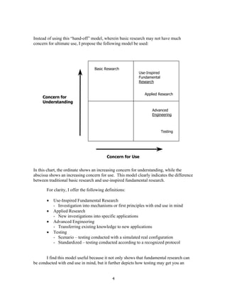 4
Instead of using this “hand-off” model, wherein basic research may not have much
concern for ultimate use, I propose the following model be used:
In this chart, the ordinate shows an increasing concern for understanding, while the
abscissa shows an increasing concern for use. This model clearly indicates the difference
between traditional basic research and use-inspired fundamental research.
For clarity, I offer the following definitions:
• Use-Inspired Fundamental Research
- Investigation into mechanisms or first principles with end use in mind
• Applied Research
- New investigations into specific applications
• Advanced Engineering
- Transferring existing knowledge to new applications
• Testing
- Scenario – testing conducted with a simulated real configuration
- Standardized – testing conducted according to a recognized protocol
I find this model useful because it not only shows that fundamental research can
be conducted with end use in mind, but it further depicts how testing may get you an
Testing
Advanced
Engineering
Applied Research
Use-Inspired
Fundamental
Research
Basic Research
Concern for
Understanding
Concern for Use
 