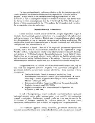 The large number of deadly coal mine explosions in the first half of the twentieth
century prompted the Bureau of Mines to undertake a productive explosion research
program. A large portion of our current understanding of gas explosions and dust
explosions, as well as several practical explosion protection measures, stem directly from
the Bureau of Mines research projects from the 1940s through the 1980s. However, the
Bureau of Mines was dismantled in the 1990s, and now the U.S. needs to look elsewhere
for new explosion protection technology.
Explosion Research Infrastructure
Current explosion research activity in the U.S. is highly fragmented. Figure 1
illustrates this fragmented approach in the form of a conceptual plot of explosion test
scale versus number of test facilities. The test scale is important because reliable scaling
laws do not exist for several key explosion phenomena such as flame accelerations. The
number of facilities is also important because of the need for multiple tests with different
configurations, fuels, instrumentation, etc.
As indicated in Figure 1, there are a few large-scale government explosion test
facilities, such as those at Sandia National Laboratories and the Department of Energy
Nevada Test Site. There are more smaller-scale industrial explosion research facilities,
such as those at FM Global, Southwest Research Institute, and Fenwal Safety Systems.
Finally, there are several good laboratory-scale explosion test facilities at universities
such as Princeton and the California Institute of Technology. These three groupings are
shown as separate areas in the plot because there is very little coordination among them.
European explosion test facilities are not only more numerous in all sizes, they are
also used for integrated explosion programs with coordinated participation of
government, industry, and university research laboratories. Some examples of these
programs are:
• Testing Methods for Electrical Apparatus Installed in a Dusty
Environment with a Potential Risk of Explosion (Participants: UK Health
and Safety Executive, Polytechnic University of Madrid, and Deutsche
Montan Technologie, 2001)
• Determination of Safety Categories of Electrical Devices in Potentially
Explosive Atmospheres (SAFEC 2000)
• Explosive Atmosphere: Risk Assessment of Unit Operations and
Equipment (RASE 2000)
In each of these programs, a project coordinator issued one synthesis report, and
individual research reports and/or technical papers were issued by the participating
research organizations. Furthermore, research results are being used to assist in the
development of European standards for explosion protection. In some cases,
international standards bodies such as the IEC are adopting these European standards.
The coordinated approach among universities, government laboratories, and
industrial research facilities is also being used in European and Asian explosion research
2
 