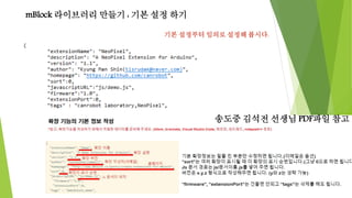 mBlock 라이브러리 만들기 : 기본 설정 하기
기본 설정부터 임의로 설정해 봅시다.
송도중 김석전 선생님 PDF파일 참고
 