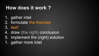 How does it work ?
1.
2.
3.
4.
5.
1.

gather intel
formulate the theories
test!
draw (the right) conclusion
implement the (right) solution
gather more intel

 