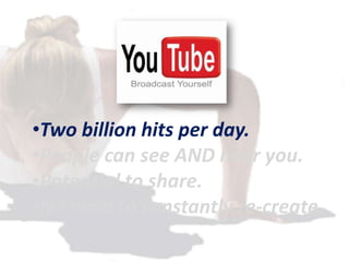•Two billion hits per day.
•People can see AND hear you.
•Potential to share.
•No need to constantly re-create.
 