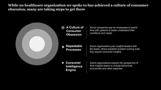 While no healthcare organization we spoke to has achieved a culture of consumer
obsession, many are taking steps to get th...