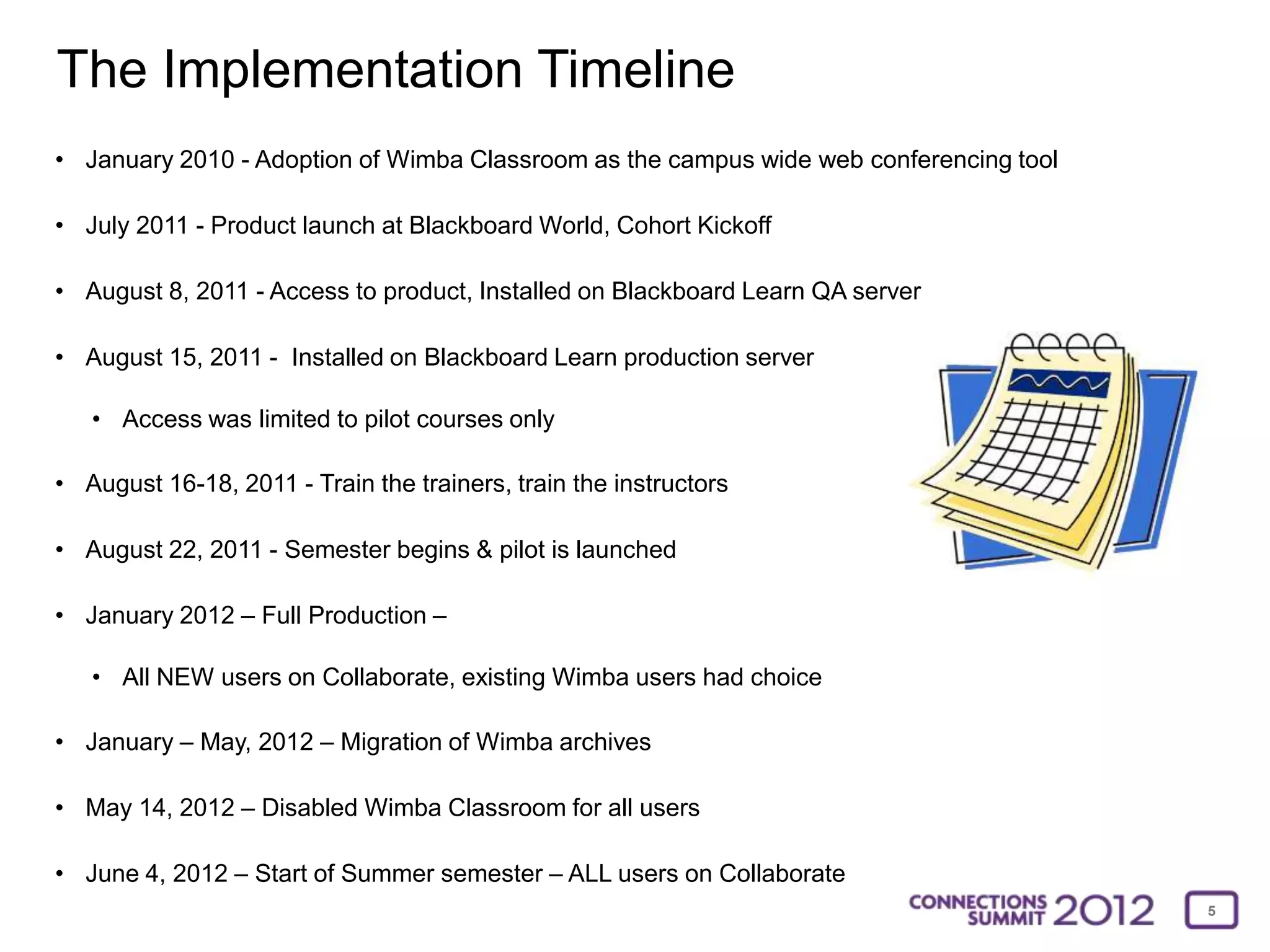 The Implementation Timeline
• January 2010 - Adoption of Wimba Classroom as the campus wide web conferencing tool

• July 2011 - Product launch at Blackboard World, Cohort Kickoff

• August 8, 2011 - Access to product, Installed on Blackboard Learn QA server

• August 15, 2011 - Installed on Blackboard Learn production server

   • Access was limited to pilot courses only

• August 16-18, 2011 - Train the trainers, train the instructors

• August 22, 2011 - Semester begins & pilot is launched

• January 2012 – Full Production –

   • All NEW users on Collaborate, existing Wimba users had choice

• January – May, 2012 – Migration of Wimba archives

• May 14, 2012 – Disabled Wimba Classroom for all users

• June 4, 2012 – Start of Summer semester – ALL users on Collaborate
                                                                                        5
 