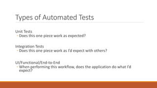 Integration Tests
“Integration testing is testing a unit of work without having
full control over all of it and using one ...