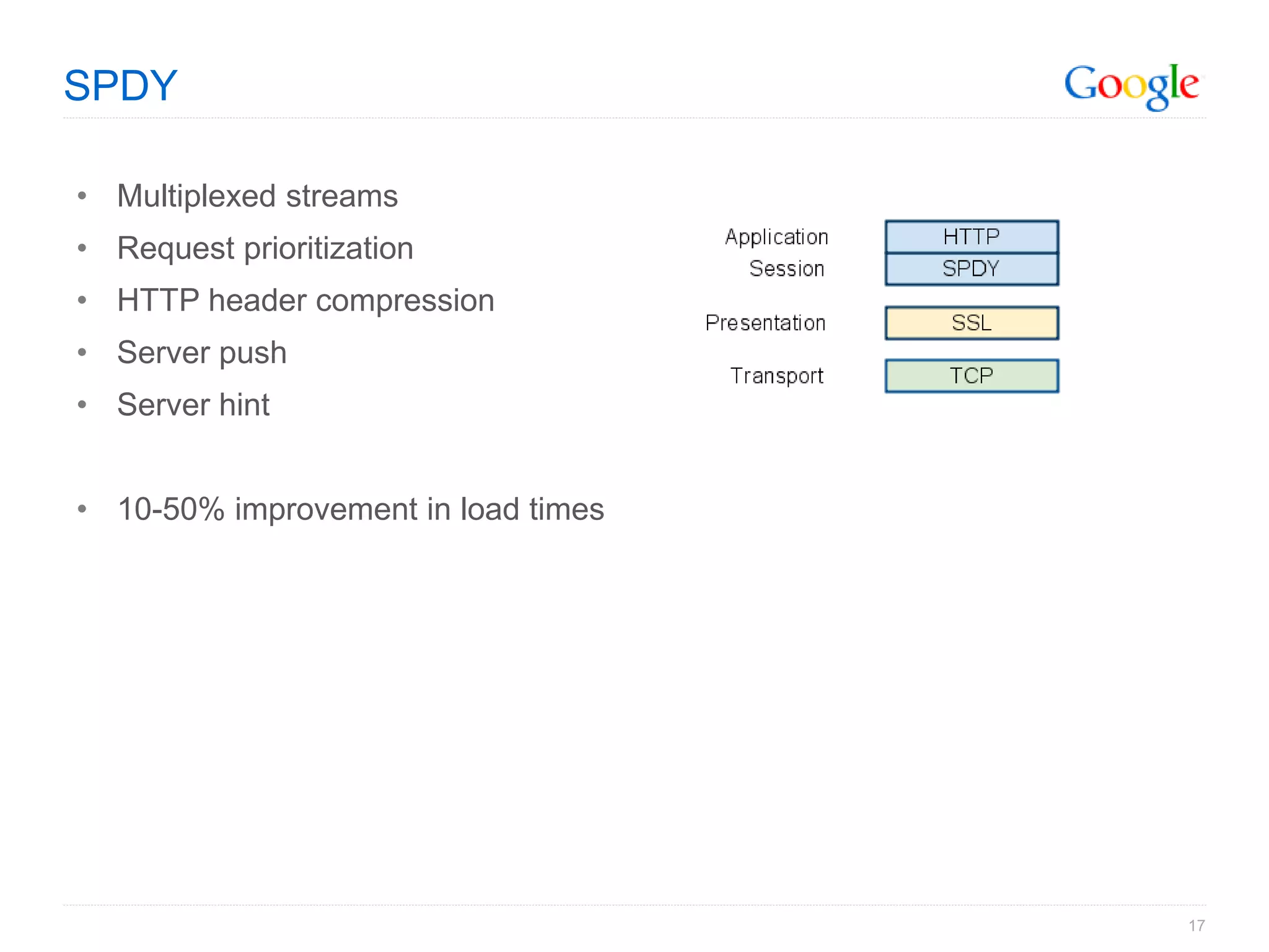 SPDY

• Multiplexed streams
• Request prioritization
• HTTP header compression
• Server push
• Server hint


• 10-50% improvement in load times




                                     17
 