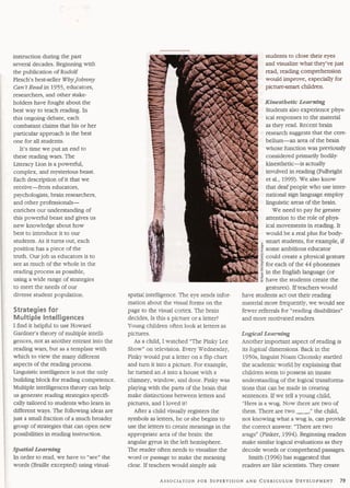 instruction during the past 
several decades. Beginning with 
the publication of Rudolf 
Flesch's best-seller Wt?y Johnny 
Can't Read in 1955, educators, 
researchers, and other stake-holders 
have fought about the 
best way to teach reading. In 
this ongoing debate, each 
combatant claims that his or her 
particular approach is the best 
one for all students. 
It's time we put an end to 
these reading wars. The 
Literacy Lion is a powerful, 
complex, and mysterious beast. 
Each description of it that we 
receive-h.om educators, 
psychologists, brain researchers, 
and other professionals-enriches 
our understanding of 
this powerful beast and gives us 
new knowledge about how 
best to introduce it to our 
students. As it turns out, each 
position has a piece of the 
truth. Our job as educators is to 
see as much of the whole in the 
reading process as possible, 
using a wide range of strategies 
to meet the needs of our 
diverse student population. 
Strategies for 
Multiple Intelligences 
I find it helpful to use Howard 
Gardner's theory of multiple intelli-gences, 
not as another entrant into the 
reading wars, but as a template with 
which to view the many Merent 
aspects of the readmg process. 
Linguistic intelligence is not the only 
building block for reading competence. 
Multiple intelligences theory can help 
us generate ~ a d i n gst rategies specifi-cally 
tailored to students who learn in 
different ways. The following ideas are 
just a small fraction of a much broader 
group of strategies that can open new 
possibilities in reading instruction. 
Spatial Learning 
In order to read, we have to "see" the 
words (Braille excepted) using visual-spatial 
intelligence. The eye sends infor-mation 
about the visual forms on the 
page to the vimal cortex. The brain 
decides, Is this a picture or a letter? 
Young children often look at letters as 
pictures. 
As a child, I watched "The P~akyL ee 
Shown on television. Every Wednesday, 
Prnky would put a letter on a flip chart 
and turn it into a picture. For example, 
he turned an A into a house with a 
chimney, window, and door. Pinky was 
playing with the parts of the brain that 
make distinctions between letters and 
pictures, and I loved it! 
After a child visually registers the 
symbols as letters, he or she begins to 
use the letters to create meanings in the 
appropriate area of the brain: the 
angular gyrus in the left hemisphere. 
The reader often needs to visualize the 
word or passage to make the meaning 
clear. If teachers would simply ask 
students to close their eyes 
and visualize what they've just 
read, reading comprehension 
would improve, especially for 
picture-smart children. 
Kinesthetic Learnhg 
Students also experience phys-ical 
responses to the material 
as they read. Recent brain 
research suggests that the cere-bellum- 
an area of the brain 
whose function was previously 
considered primarily bodily-kinesthetic- 
is actually 
involved in readmg (Fdbright 
et al., 1999). We also know 
that deaf people who use inter-national 
sign language employ 
linguistic areas of the brain. 
We need to pay far greater 
attention to the role of phys-ical 
movements in reading. It 
would be a real plus for body-smart 
students, for example, if 
some ambitious educator 
could create a physical gesture 
for each of the 44 phonemes 
in the Enghh language (or 
have the students create the 
gestures). If teachers would 
have students act out their reading 
material more frequently, we would see 
fewer referrals for "reading disabilities" 
and more motivated readers. 
Logical Learning 
Another important aspect of reading is 
its logical dimensions. Back in the 
1950s, linguist Noam Chomsky startled 
the academic world by explaining that 
children seem to possess an innate 
understanding of the logical transforma-tions 
that can be made in creating 
sentences. If we tell a young child, 
"Here is a wug. Now there are two of 
them. There are two , " the child, 
not knowing what a wug is, can provide 
the correct answer: "There are two 
mgs" (Pinker, 1994). Beginning readers 
make similar logical evaluations as they 
decode words or comprehend passages. 
Smith (1996) has suggested that 
readers are like scientists. They create 
ASSOCIATION FOR SUP ERVI S ION A N D CURRICULUDME VELOPMENT7 9 
 