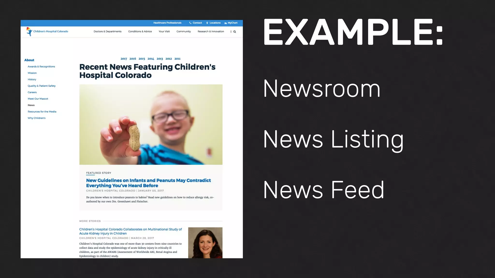 EXAMPLE:
Newsroom
News Listing
News Feed
News
 
