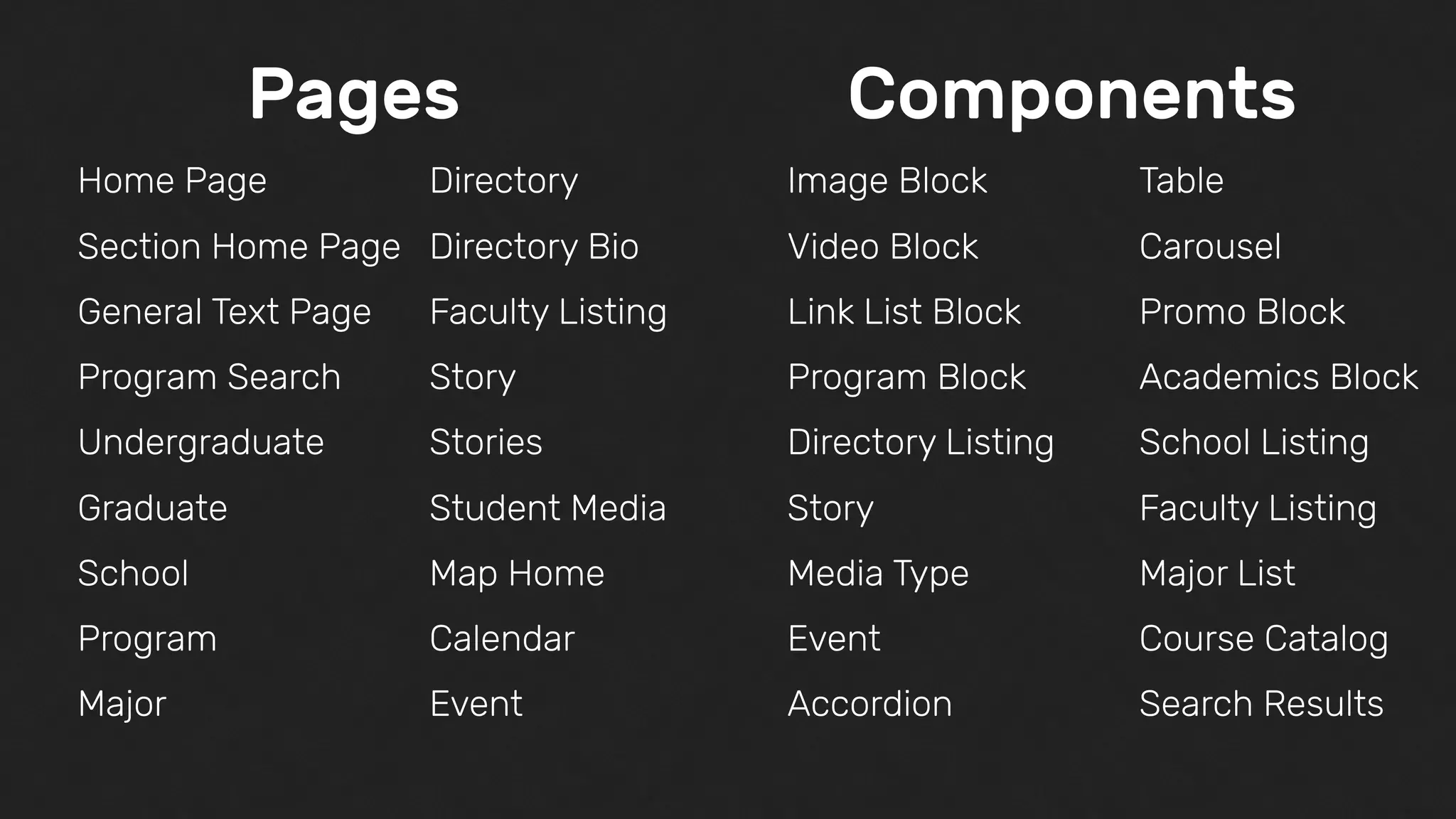 Pages
Home Page
Section Home Page
Components
General Text Page
Program Search
Undergraduate
Graduate
School
Program
Major
Directory
Directory Bio
Faculty Listing
Story
Stories
Student Media
Map Home
Calendar
Event
Image Block
Video Block
Link List Block
Program Block
Directory Listing
Story
Media Type
Event
Accordion
Table
Carousel
Promo Block
Academics Block
School Listing
Faculty Listing
Major List
Course Catalog
Search Results
 