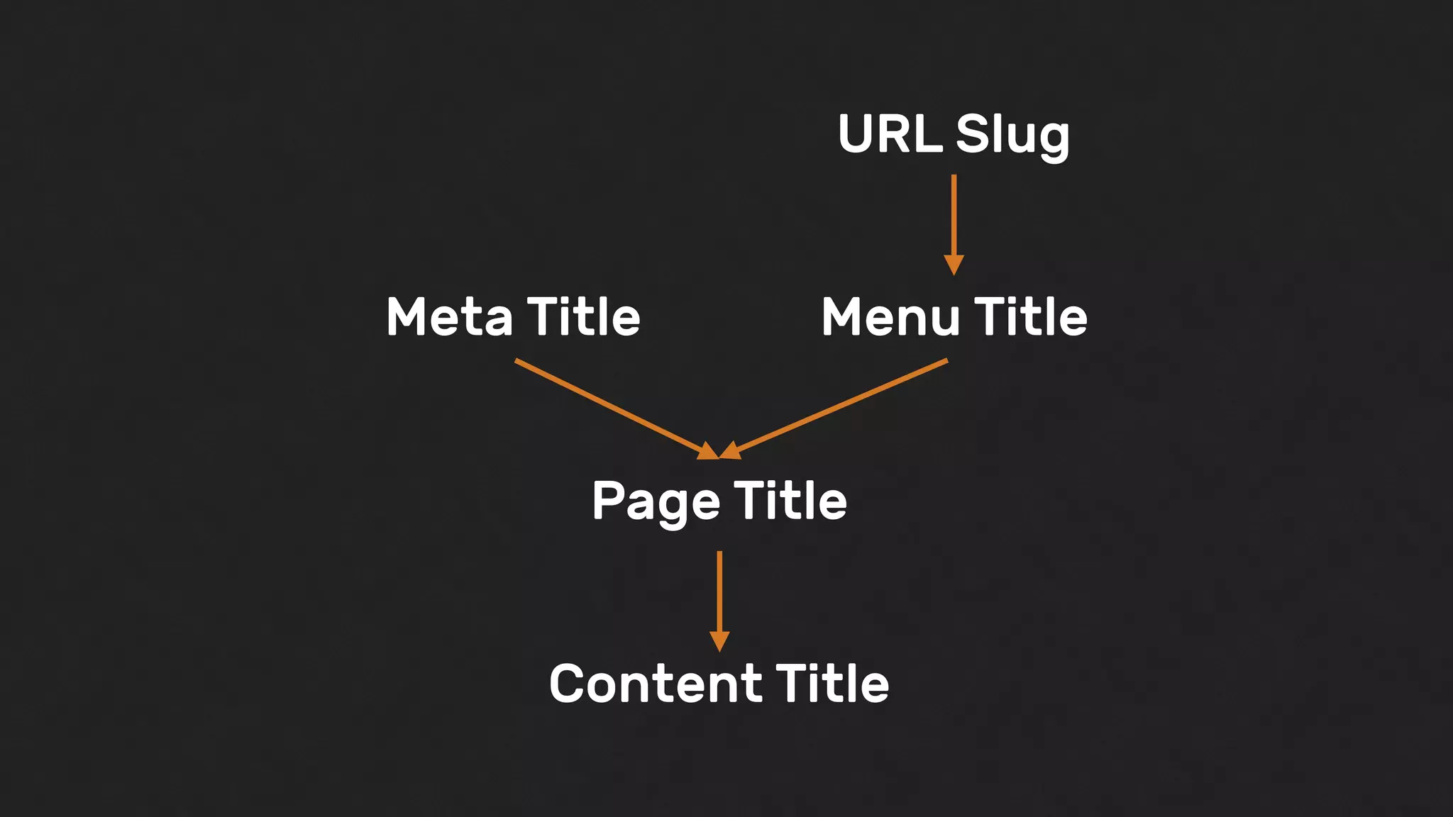Meta Title
Page Title
Menu Title
Content Title
URL Slug
 