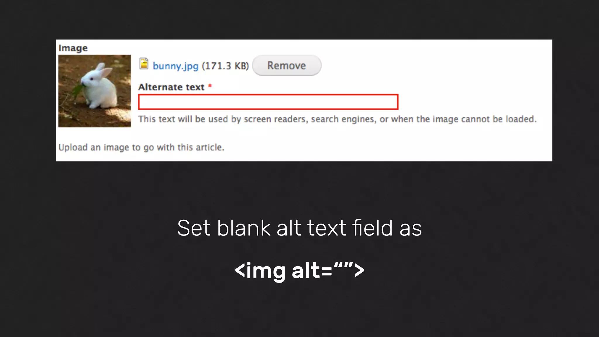Set blank alt text ﬁeld as
<img alt=“”>
 