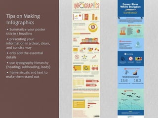 Tips on Making
Infographics
• Summarize your poster
title in 1 headline
• presenting your
information in a clear, clean,
and concise way
• only add the essential
details
• use typography hierarchy
(heading, subheading, body)
• frame visuals and text to
make them stand out
 