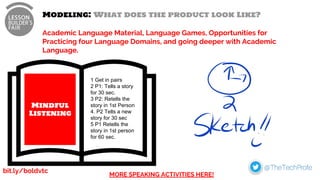 Modeling: What does the product look Like?
Academic Language Material, Language Games, Opportunities for
Practicing four Language Domains, and going deeper with Academic
Language.
Mindful
Listening
1 Get in pairs
2 P1: Tells a story
for 30 sec.
3 P2: Retells the
story in 1st Person
4. P2 Tells a new
story for 30 sec
5 P1 Retells the
story in 1st person
for 60 sec.
MORE SPEAKING ACTIVITIES HERE!
bit.ly/boldvtc
 