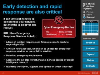 IBM Threat 
Protection 
System: Early detection and rapid 
response are also critical 
S M T W T F S 
Attack Chain Stage: 
Break-In 
Latch-on 
It can take just minutes to 
compromise your network, 
but months to discover and 
recover. 
IBM offers Emergency 
Response Services to help. 
21 © 2014 IBM Corporation 
Expand 
Gather 
Exfiltrate 
21 © 2014 IBM Corporation 
x 
Prevent 
Detect 
Respond 
 A team of incident response and forensics experts ready to 
respond globally 
 120 staff hours per year, which can be utilized for emergency 
response services or preventative services 
 Unlimited emergency declarations 
 Access to the X-Force Threat Analysis Service backed by global 
intelligence research 
 Quarterly checkpoint, support, and update on threat landscape 
 