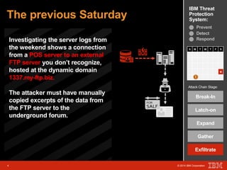 IBM Threat 
Protection 
System: The previous Saturday 
S M T W T F S 
Attack Chain Stage: 
Break-In 
Latch-on 
4 © 2014 IBM Corporation 
Expand 
Gather 
Exfiltrate 
4 © 2014 IBM Corporation 
x 
Prevent 
Detect 
Respond 
Investigating the server logs from 
the weekend shows a connection 
from a POS server to an external 
FTP server you don’t recognize, 
hosted at the dynamic domain 
1337.my-ftp.biz. 
The attacker must have manually 
copied excerpts of the data from 
the FTP server to the 
underground forum. 
 