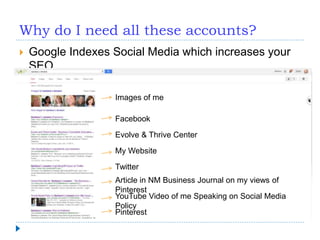 Why do I need all these accounts?
 Google Indexes Social Media which increases your
SEO
Facebook
Evolve & Thrive Center
My Website
Twitter
Article in NM Business Journal on my views of
Pinterest
YouTube Video of me Speaking on Social Media
Policy
Pinterest
Images of me
 