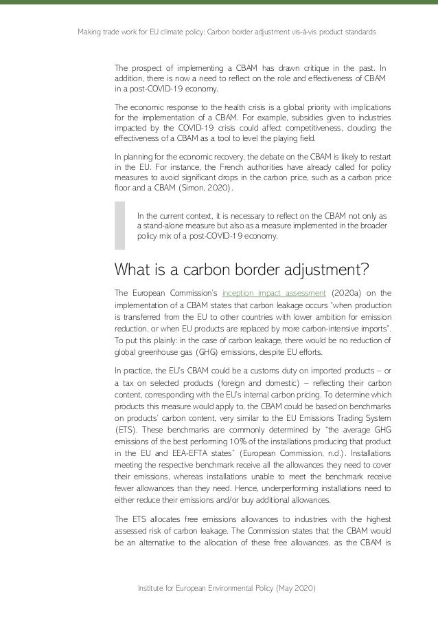 Making trade work for EU climate policy: Carbon border adjustment vis-à-vis product standards
Institute for European Envir...