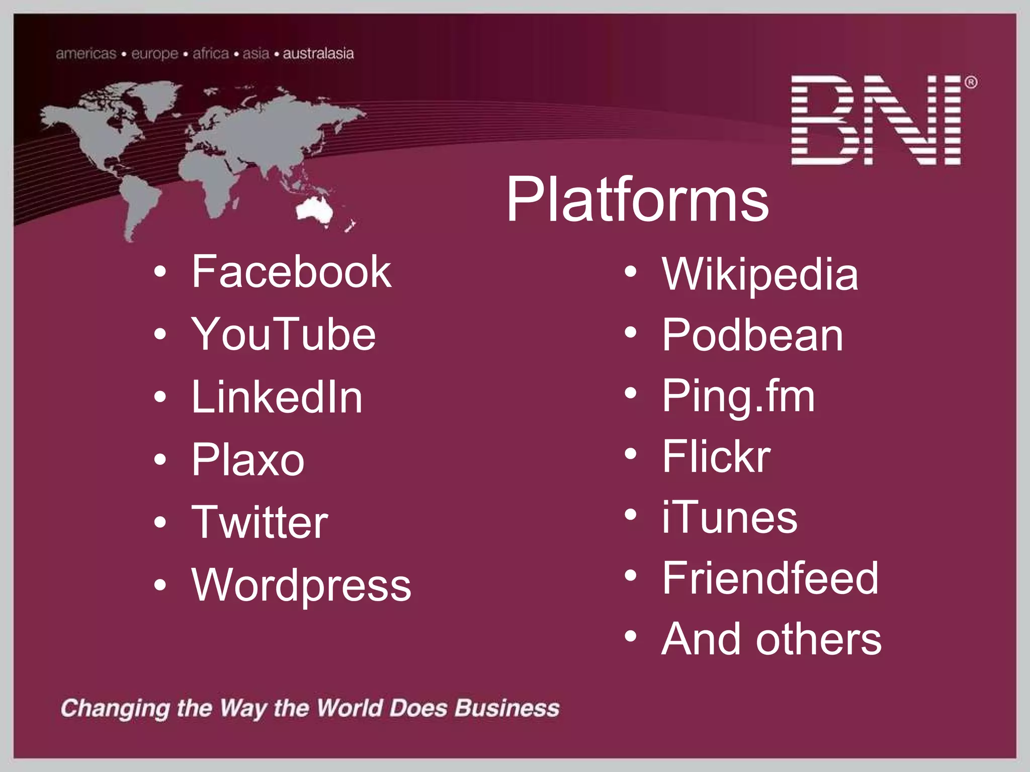 Platforms Facebook YouTube LinkedIn Plaxo Twitter Wordpress Wikipedia Podbean Ping.fm Flickr iTunes Friendfeed And others 