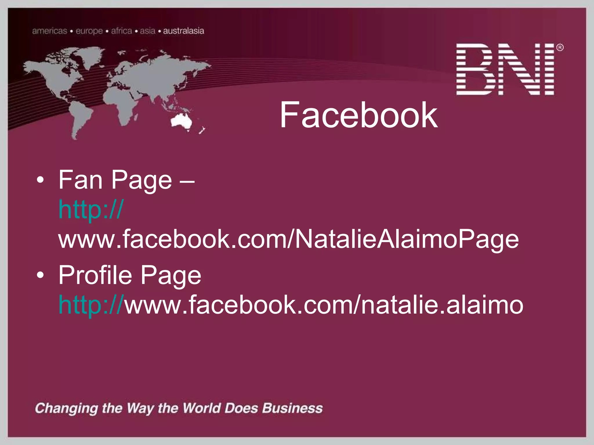 Facebook Fan Page –  http:// www.facebook.com/NatalieAlaimoPage   Profile Page http:// www.facebook.com/natalie.alaimo   