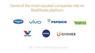 Some of the most reputed companies rely on
BeatRoute platform
100 + other brands and growing fast.
 