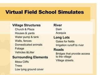 Virtual Field School Simulates

  Village Structures        River
   Church & Plaza            Dam
   Houses & yards            Acequia
   Water pump & tank        Long Lots
   Walls, fences             Gates for fields
   Domesticated animals      Irrigation runoff to river
   Foliage                  Roads
   Vehicles &Litter          Bridges that provide access
  Surrounding Elements       to the village
                             Village streets
   Mesa Cliffs
   Trees
   Low lying ground cover
 