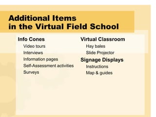 Additional Items
in the Virtual Field School
  Info Cones                     Virtual Classroom
    Video tours                    Hay bales
    Interviews                     Slide Projector
    Information pages            Signage Displays
    Self-Assessment activities     Instructions
    Surveys                        Map & guides
 