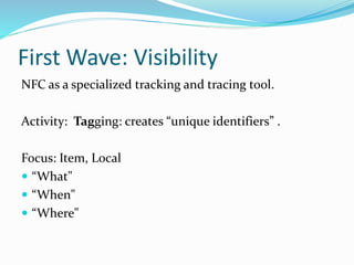 First Wave: Visibility
NFC as a specialized tracking and tracing tool.
Activity: Tagging: creates “unique identifiers” .
Focus: Item, Local
 “What"
 “When"
 “Where"
 