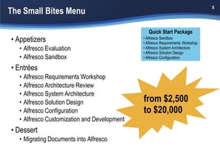 The Small Bites Menu
                                                                                   5




                                                   Quick Start Package
• Appetizers                                    • Alfresco Sandbox
                                                • Alfresco Requirements Workshop
   • Alfresco Evaluation                        • Alfresco System Architecture
                                                • Alfresco Solution Design
   • Alfresco Sandbox                           • Alfresco Configuration

• Entrées
   •   Alfresco Requirements Workshop
   •   Alfresco Architecture Review
   •   Alfresco System Architecture
   •   Alfresco Solution Design                 from $2,500
   •   Alfresco Configuration                   to $20,000
   •   Alfresco Customization and Development
• Dessert
   • Migrating Documents into Alfresco
 