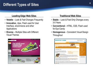 Different Types of Sites
                                                                                          8




       Leading Edge Web Sites                          Traditional Web Sites
• Volatile – Look & Feel Changes Frequently   • Stable – Look & Feel Only Changes every
• Innovative - Ajax, Flash used for User        3-5 Years
  Interface, eCommerce and other              • Conventional – HTML, CSS, Flash used
  Applications                                  for Eye Candy
• Diverse – Multiple Sites with Different     • Homogenous – Consistent Visual Design
  Visual Themes                                 Throughout
 