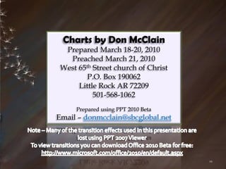 Charts by Don McClain
  Prepared March 18-20, 2010
   Preached March 21, 2010
 West 65th Street church of Christ
         P.O. Box 190062
      Little Rock AR 72209
           501-568-1062
      Prepared using PPT 2010 Beta
Email – donmcclain@sbcglobal.net




                                     22
 