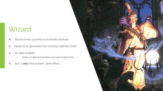 Wizard
● Wizard entries specified via Extended Attribute
● Needs to be generated from workflow definition itself
● No state available
﹣ Relies on default transitions and lane assignments
● Also, a very hard problem. (3mm effort)
 