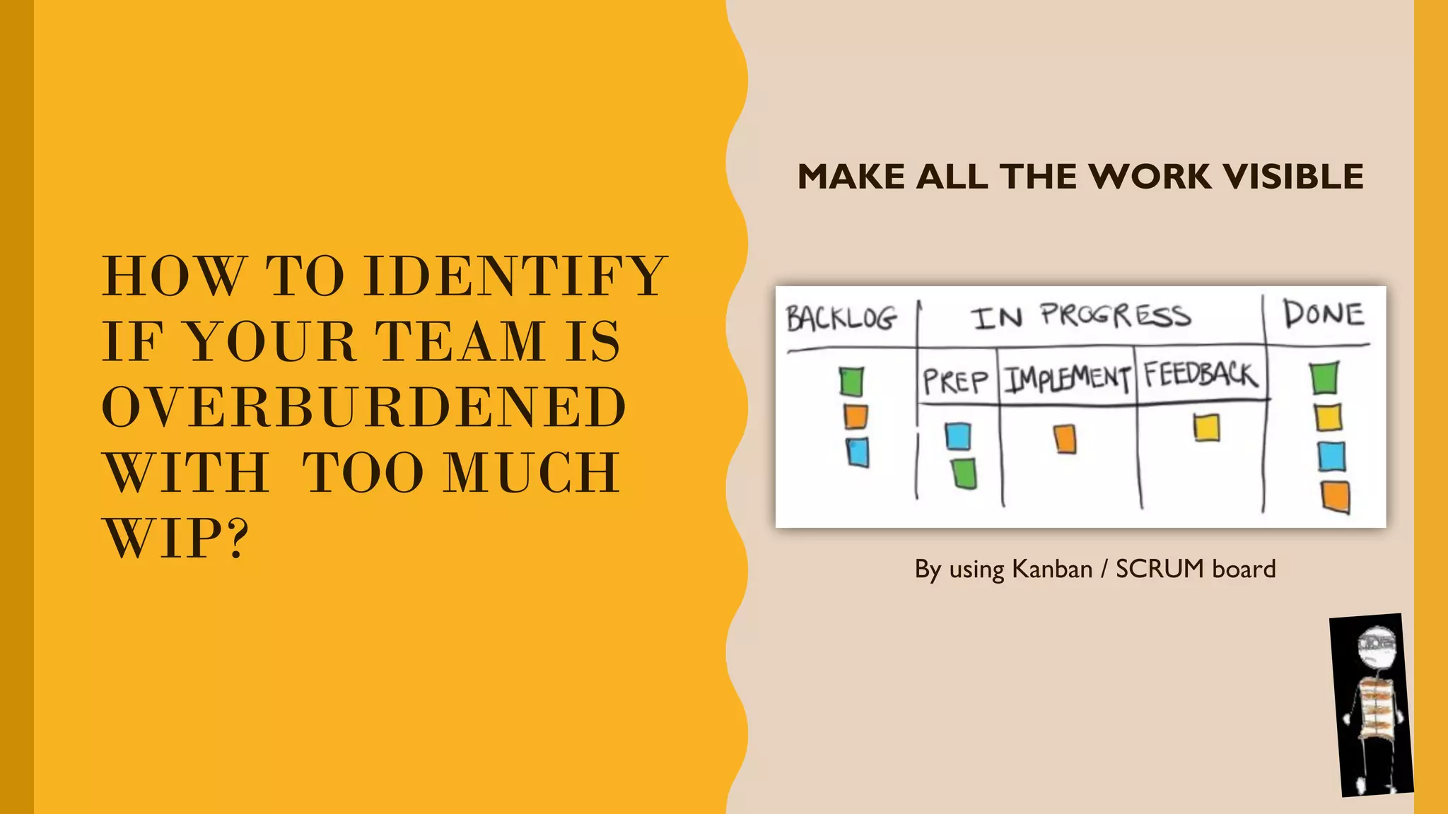 HOW TO IDENTIFY
IF YOUR TEAM IS
OVERBURDENED
WITH TOO MUCH
WIP? By using Kanban / SCRUM board
MAKE ALL THE WORK VISIBLE
 