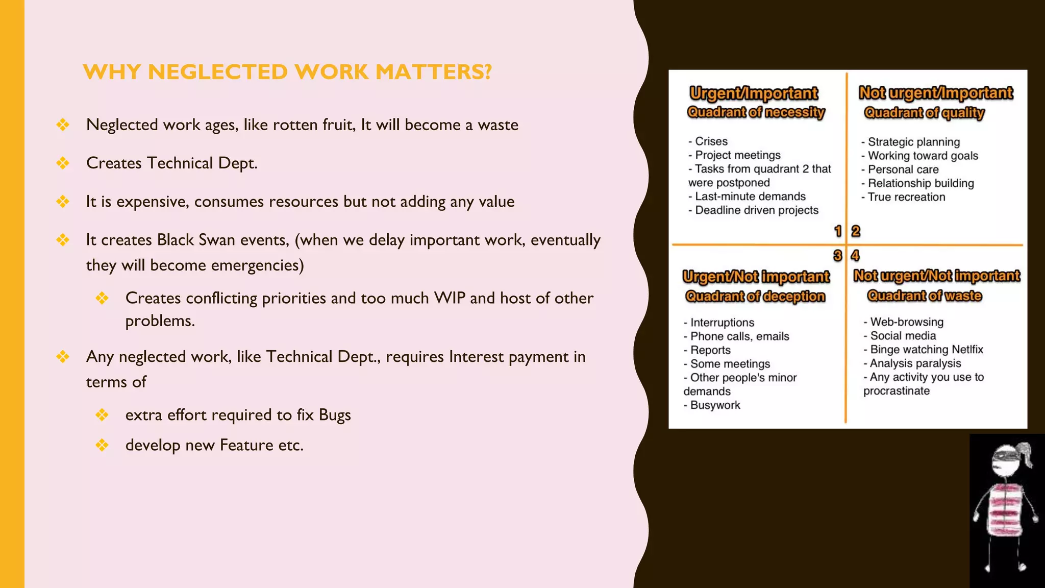 WHY NEGLECTED WORK MATTERS?
❖ Neglected work ages, like rotten fruit, It will become a waste
❖ Creates Technical Dept.
❖ It is expensive, consumes resources but not adding any value
❖ It creates Black Swan events, (when we delay important work, eventually
they will become emergencies)
❖ Creates conflicting priorities and too much WIP and host of other
problems.
❖ Any neglected work, like Technical Dept., requires Interest payment in
terms of
❖ extra effort required to fix Bugs
❖ develop new Feature etc.
 