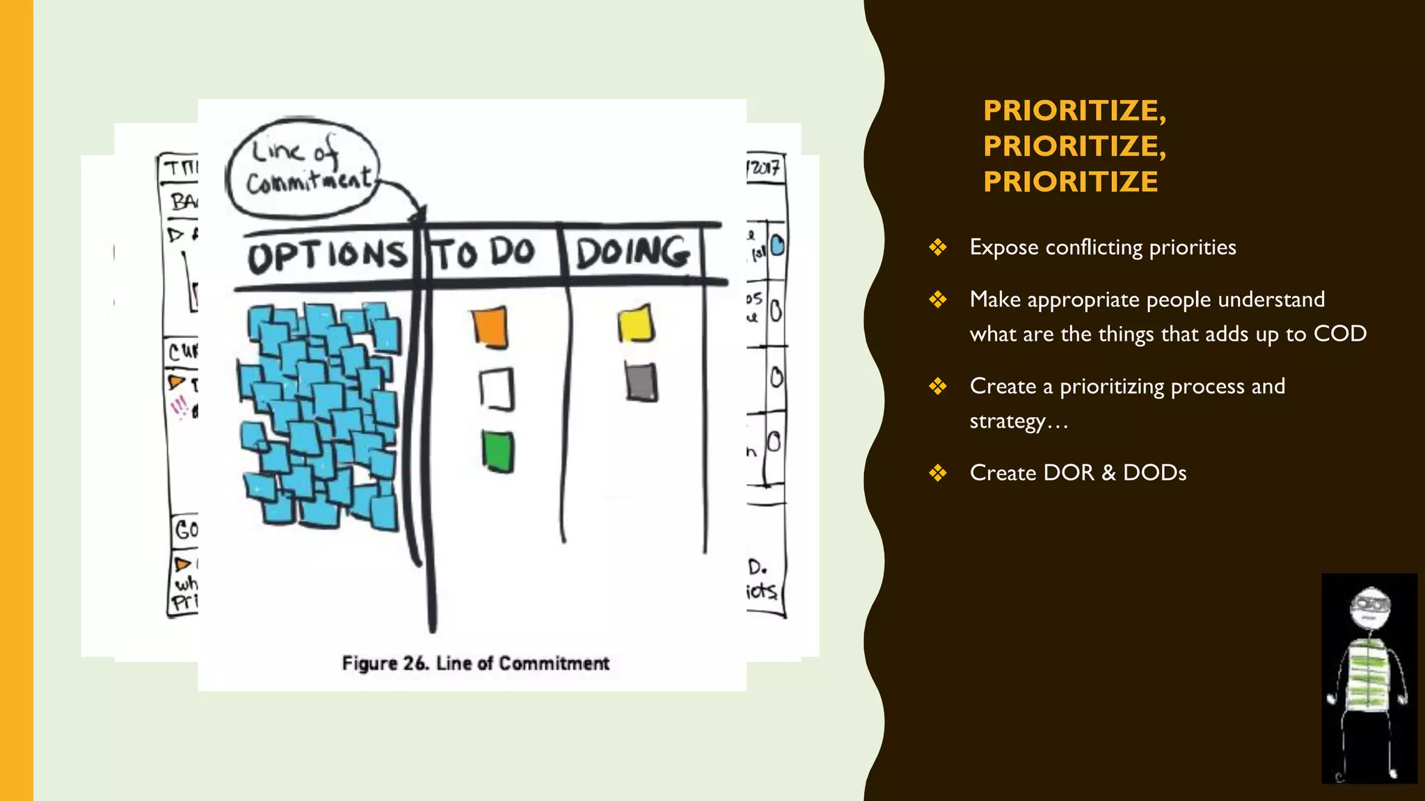 PRIORITIZE,
PRIORITIZE,
PRIORITIZE
❖ Expose conflicting priorities
❖ Make appropriate people understand
what are the things that adds up to COD
❖ Create a prioritizing process and
strategy…
❖ Create DOR & DODs
 