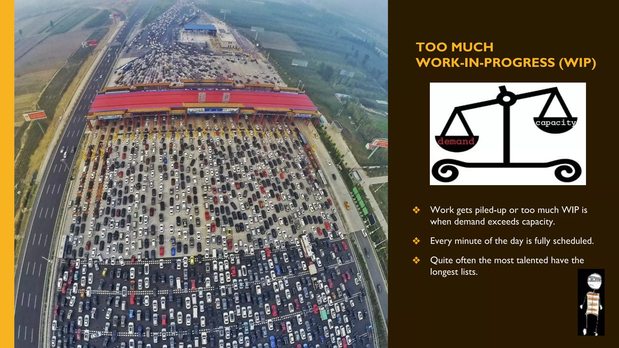 TOO MUCH
WORK-IN-PROGRESS (WIP)
❖ Work gets piled-up or too much WIP is
when demand exceeds capacity.
❖ Every minute of the day is fully scheduled.
❖ Quite often the most talented have the
longest lists.
 