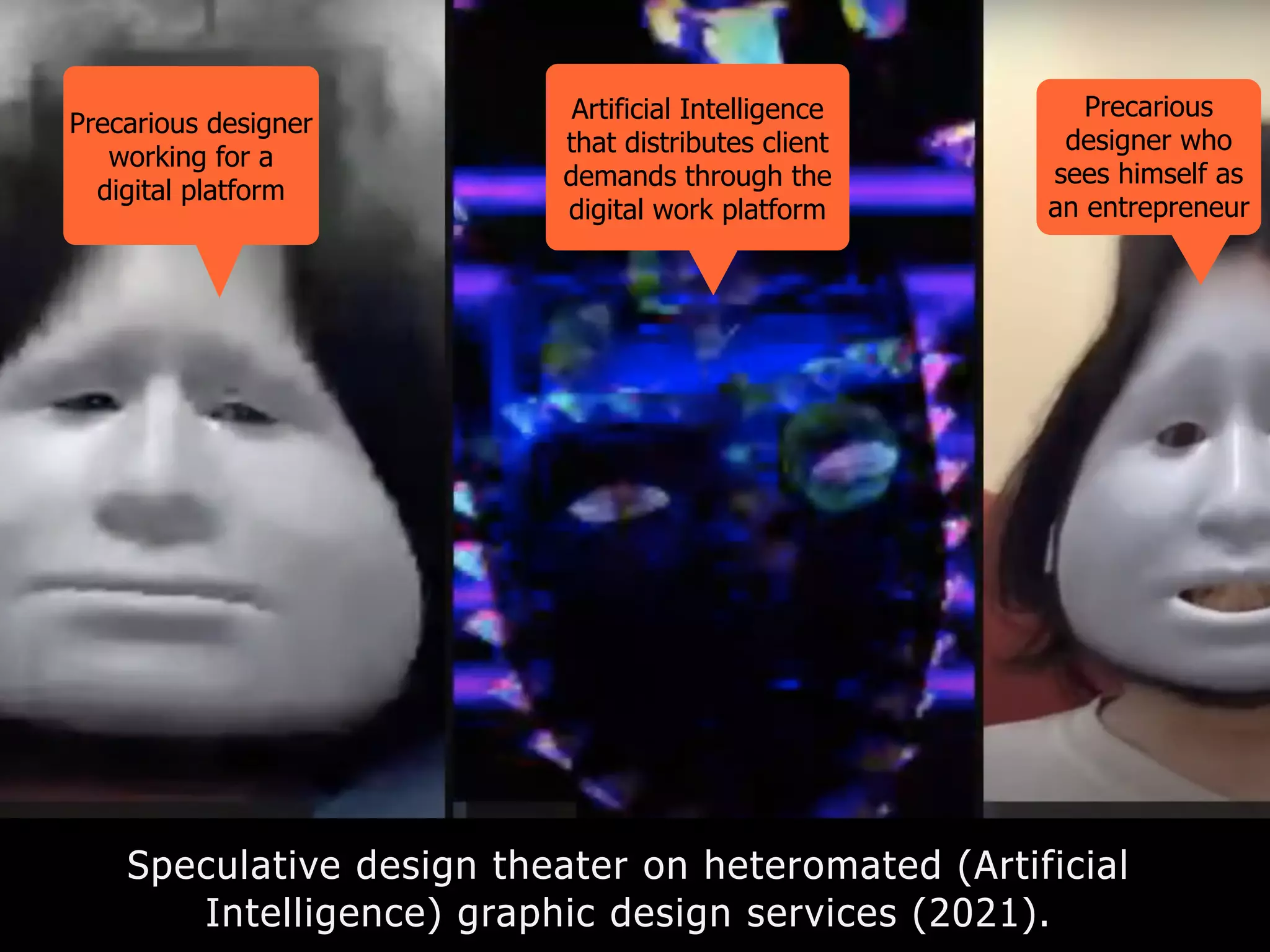 Speculative design theater on heteromated (Artificial
Intelligence) graphic design services (2021).
Artificial Intelligence
that distributes client
demands through the
digital work platform
Precarious designer
working for a
digital platform
Precarious
designer who
sees himself as
an entrepreneur
 