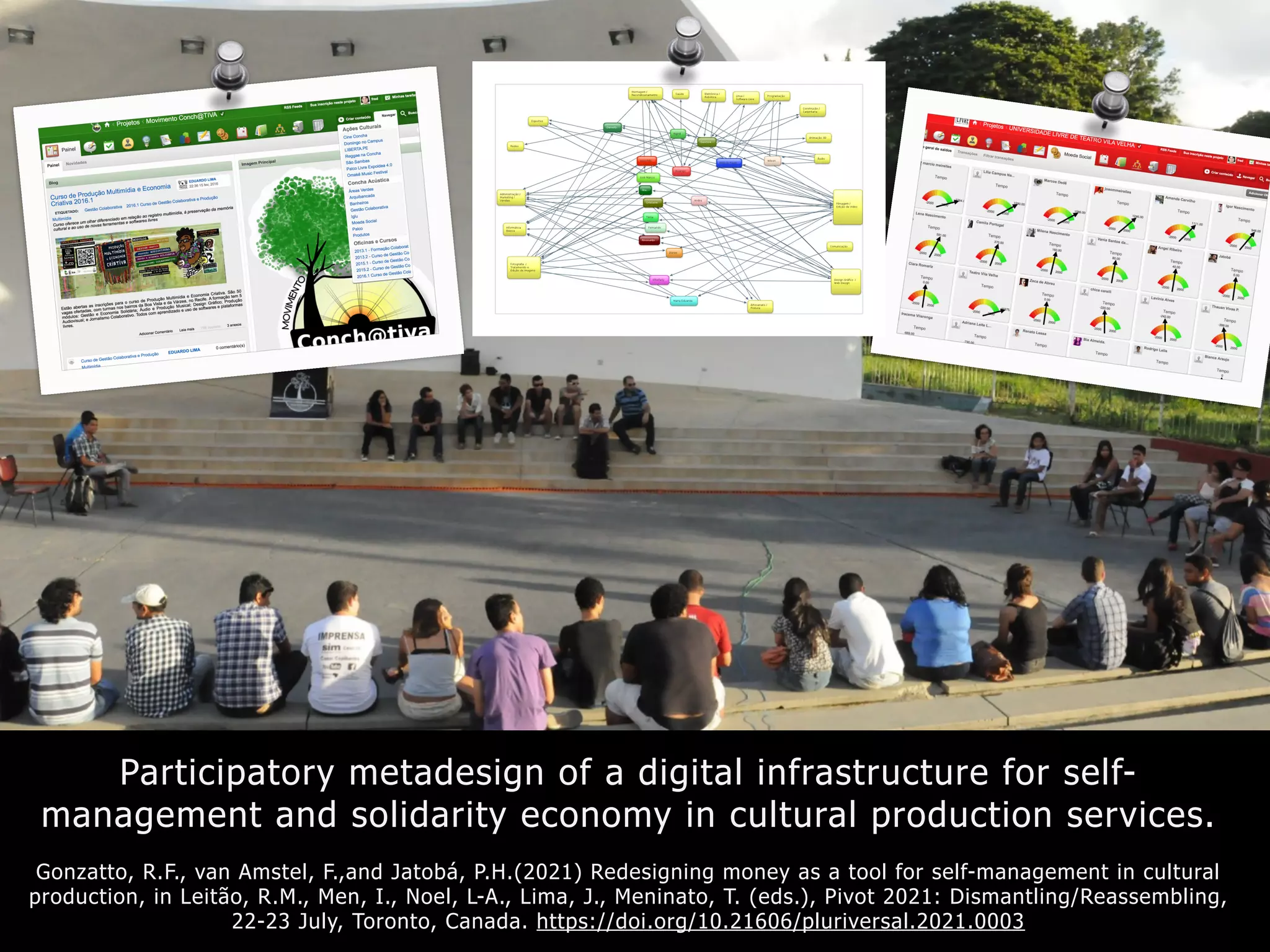 Participatory metadesign of a digital infrastructure for self-
management and solidarity economy in cultural production services.
Gonzatto, R.F., van Amstel, F.,and Jatobá, P.H.(2021) Redesigning money as a tool for self-management in cultural
production, in Leitão, R.M., Men, I., Noel, L-A., Lima, J., Meninato, T. (eds.), Pivot 2021: Dismantling/Reassembling,
22-23 July, Toronto, Canada. https://doi.org/10.21606/pluriversal.2021.0003
 