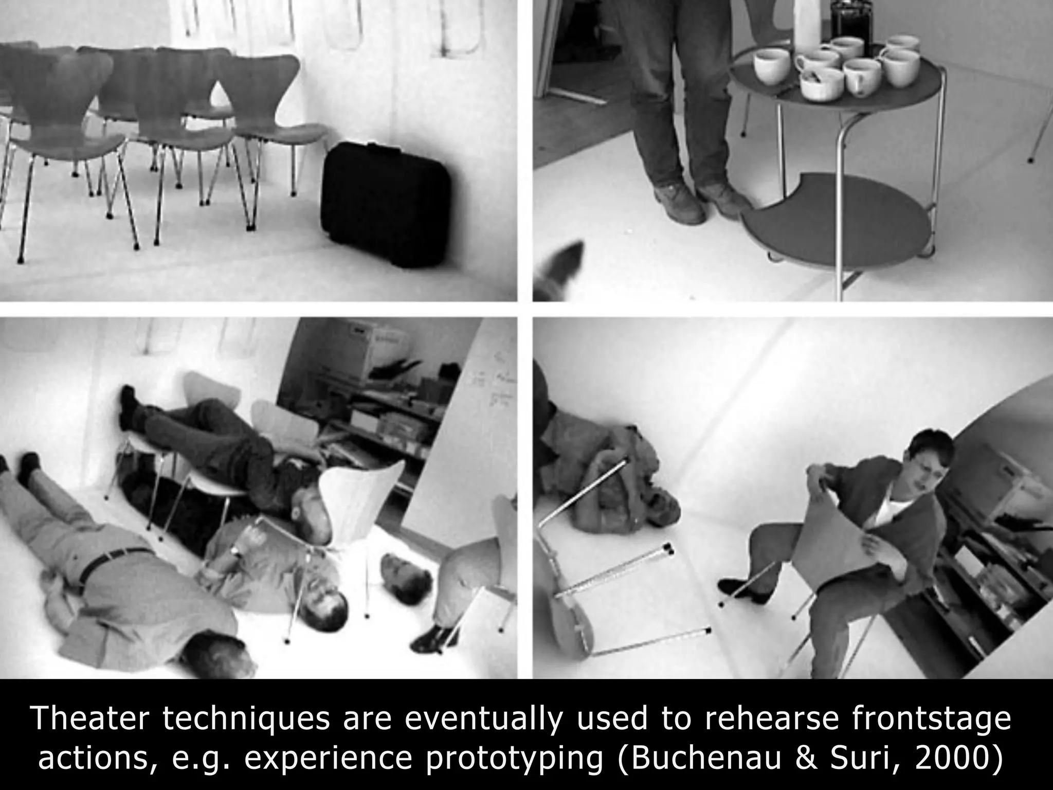Theater techniques are eventually used to rehearse frontstage
actions, e.g. experience prototyping (Buchenau & Suri, 2000)
 