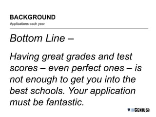 BACKGROUND
Applications each year
Bottom Line –
Having great grades and test
scores – even perfect ones – is
not enough to get you into the
best schools. Your application
must be fantastic.
 