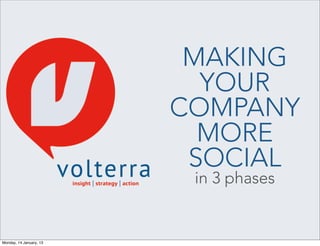 MAKING
                               YOUR
                             COMPANY
                               MORE
                              SOCIAL
                              in 3 phases


Monday, 14 January, 13   1
 
