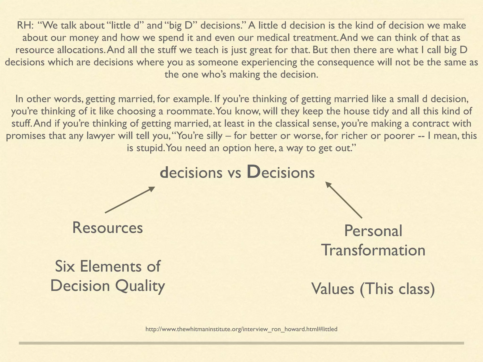 decisions vs Decisions
Resources	

!
Six Elements of 	

Decision Quality	

Personal 	

Transformation	

!
Values (This class)
RH: “We talk about “little d” and “big D” decisions.” A little d decision is the kind of decision we make
about our money and how we spend it and even our medical treatment.And we can think of that as
resource allocations.And all the stuff we teach is just great for that. But then there are what I call big D
decisions which are decisions where you as someone experiencing the consequence will not be the same as
the one who’s making the decision.	

!
In other words, getting married, for example. If you’re thinking of getting married like a small d decision,
you’re thinking of it like choosing a roommate.You know, will they keep the house tidy and all this kind of
stuff.And if you’re thinking of getting married, at least in the classical sense, you’re making a contract with
promises that any lawyer will tell you,“You’re silly – for better or worse, for richer or poorer -- I mean, this
is stupid.You need an option here, a way to get out.”
http://www.thewhitmaninstitute.org/interview_ron_howard.html#littled
 