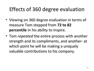 Effects of 360 degree evaluation
• Viewing on 360 degree evaluation in terms of
measure Tom stepped from 72 to 82
percentile in his ability to inspire.
• Tom repeated the entire process with another
strength and its compliments, and another- at
which point he will be making a uniquely
valuable contributions to his company.
14
 