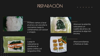 PREPARACIÒN
Primero vamos a lavar
el arroz y en una olla lo
cocinamos luego lo
combinamos con azúcar
y vinagre.
Luego le
colocamos la
zanahoria, el
queso crema y el
langostino frito.
Ahora en la esterilla
colocamos un
cuadro de arroz y le
ponemos la alga nori
encima.
Ahora enrollamos
y freímos el maki.