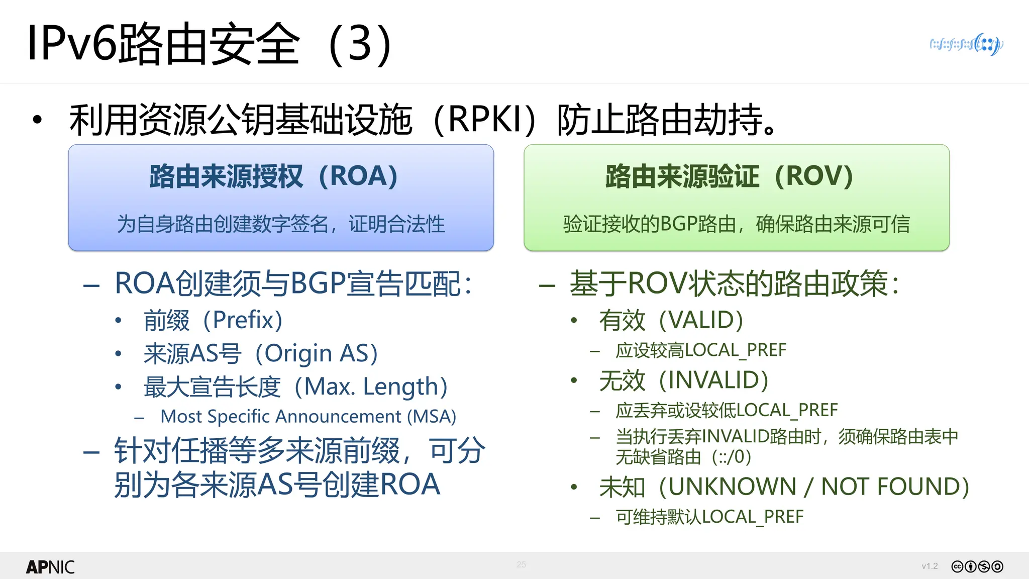 v1.2
25
IPv6路由安全（3）
• 利用资源公钥基础设施（RPKI）防止路由劫持。
路由来源验证（ROV）
验证接收的BGP路由，确保路由来源可信
路由来源授权（ROA）
为自身路由创建数字签名，证明合法性
– ROA创建须与BGP宣告匹配：
• 前缀（Prefix）
• 来源AS号（Origin AS）
• 最大宣告长度（Max. Length）
– Most Specific Announcement (MSA)
– 针对任播等多来源前缀，可分
别为各来源AS号创建ROA
– 基于ROV状态的路由政策：
• 有效（VALID）
– 应设较高LOCAL_PREF
• 无效（INVALID）
– 应丢弃或设较低LOCAL_PREF
– 当执行丢弃INVALID路由时，须确保路由表中
无缺省路由（::/0）
• 未知（UNKNOWN / NOT FOUND）
– 可维持默认LOCAL_PREF
 