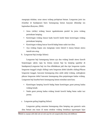 mangrupa rekahan, sesar atawa widang perlapisan batuan. Longsoran jenis ieu
      (Gambar di handapeun) baris lumangsung lamun kaayaan dihandap ieu
      kapinuhan (Karyono, 2004):

         •    Jurus (strike) widang luncur ngadeukeutan paralel ka jurus widang
              permukaan lamping.
         •    Kemiringan widang luncur kudu leuwih leutik batan kemiringan widang
              permukaan lamping.
         •    Kemiringan widang luncur leuwih badag batan sudut iser dina.
         •    Aya widang leupas anu mangrupa wates lateral ti massa batuan atawa
              taneuh anu urug.
     b. Longsoran baji (wedge failure)

              Longsoran baji lumangsung lamun aya dua widang lemah atawa leuwih
      berpotongan sakitu rupa ku kituna nyieun baji ka lamping (gambar di
      handapeun).Longsoran baji ieu bisa dibédakeun jadi dua tipe longsoran nyaéta
      longsoran tunggal (single sliding) sarta longsoran dobel (double sliding).Pikeun
      longsoran tunggal, luncuran lumangsung dina salah sahiji widang, sedengkeun
      pikeun longsoran dobel luncuran lumangsung dina perpotongan kadua widang.
      Longsoran baji kasebut baris lumangsung lamun minuhan sarat kieu:

         •    Kemiringan lamping leuwih badag batan kemiringan gurat potong kadua
              widang lemah.
         •    Sudut gurat potong kadua widang lemah leuwih badag batan sudut iser
              jerona.


     c. Longsoran guling (toppling failure)

              Longsoran guling umumna lumangsung dina lamping anu gurawés sarta
      dina batuan anu teuas di mana struktur widang lemahnya ngawangun lajur

Makalah ieu mangrupa salah sahiji conto waé sarta muga bisa méré mangpaat pikeun kuring sarta kabéhanana
 