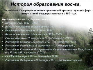 История образования гос-ва.  Российская Федерация является преемницей предшествующих форм непрерывной государственности с 862 года. Преемственность государственности: Киевская Русь  (862—1242)  Великое княжество Владимирское (1157—1389)  Княжество Московское (1246—1389)  Великое княжество Московское (1389—1547)  Русское царство (16 января 1547 — 22 января 1721)  Российская империя (22 января 1721 — 1 сентября 1917)  Российская Республика (1 сентября — 25 октября 1917)  Российская Советская Федеративная Социалистическая Республика   (с 1922 по 1991 в составе СССР) СССР (30 декабря 1922 — 26 декабря 1991)  Российская Федерация (25 декабря 1991 — настоящее время)  