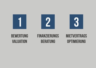 1

2

3

bewertung
valuation

FINANZIERUNGs
beratung

MIETVERTRAGS
optimierung

 