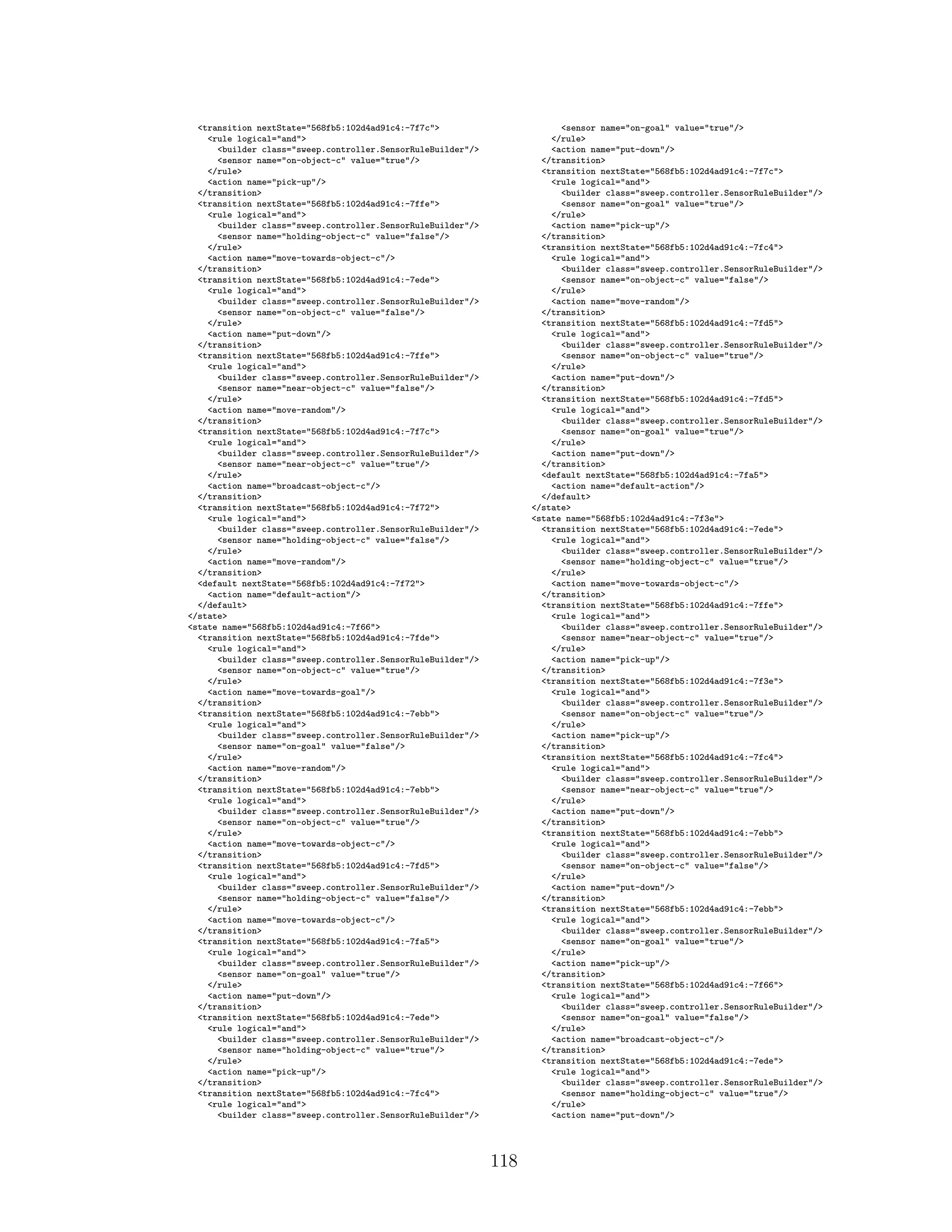 <transition nextState="568fb5:102d4ad91c4:-7f7c">
<rule logical="and">
<builder class="sweep.controller.SensorRuleBuilder"/>
<sensor name="on-object-c" value="true"/>
</rule>
<action name="pick-up"/>
</transition>
<transition nextState="568fb5:102d4ad91c4:-7ffe">
<rule logical="and">
<builder class="sweep.controller.SensorRuleBuilder"/>
<sensor name="holding-object-c" value="false"/>
</rule>
<action name="move-towards-object-c"/>
</transition>
<transition nextState="568fb5:102d4ad91c4:-7ede">
<rule logical="and">
<builder class="sweep.controller.SensorRuleBuilder"/>
<sensor name="on-object-c" value="false"/>
</rule>
<action name="put-down"/>
</transition>
<transition nextState="568fb5:102d4ad91c4:-7ffe">
<rule logical="and">
<builder class="sweep.controller.SensorRuleBuilder"/>
<sensor name="near-object-c" value="false"/>
</rule>
<action name="move-random"/>
</transition>
<transition nextState="568fb5:102d4ad91c4:-7f7c">
<rule logical="and">
<builder class="sweep.controller.SensorRuleBuilder"/>
<sensor name="near-object-c" value="true"/>
</rule>
<action name="broadcast-object-c"/>
</transition>
<transition nextState="568fb5:102d4ad91c4:-7f72">
<rule logical="and">
<builder class="sweep.controller.SensorRuleBuilder"/>
<sensor name="holding-object-c" value="false"/>
</rule>
<action name="move-random"/>
</transition>
<default nextState="568fb5:102d4ad91c4:-7f72">
<action name="default-action"/>
</default>
</state>
<state name="568fb5:102d4ad91c4:-7f66">
<transition nextState="568fb5:102d4ad91c4:-7fde">
<rule logical="and">
<builder class="sweep.controller.SensorRuleBuilder"/>
<sensor name="on-object-c" value="true"/>
</rule>
<action name="move-towards-goal"/>
</transition>
<transition nextState="568fb5:102d4ad91c4:-7ebb">
<rule logical="and">
<builder class="sweep.controller.SensorRuleBuilder"/>
<sensor name="on-goal" value="false"/>
</rule>
<action name="move-random"/>
</transition>
<transition nextState="568fb5:102d4ad91c4:-7ebb">
<rule logical="and">
<builder class="sweep.controller.SensorRuleBuilder"/>
<sensor name="on-object-c" value="true"/>
</rule>
<action name="move-towards-object-c"/>
</transition>
<transition nextState="568fb5:102d4ad91c4:-7fd5">
<rule logical="and">
<builder class="sweep.controller.SensorRuleBuilder"/>
<sensor name="holding-object-c" value="false"/>
</rule>
<action name="move-towards-object-c"/>
</transition>
<transition nextState="568fb5:102d4ad91c4:-7fa5">
<rule logical="and">
<builder class="sweep.controller.SensorRuleBuilder"/>
<sensor name="on-goal" value="true"/>
</rule>
<action name="put-down"/>
</transition>
<transition nextState="568fb5:102d4ad91c4:-7ede">
<rule logical="and">
<builder class="sweep.controller.SensorRuleBuilder"/>
<sensor name="holding-object-c" value="true"/>
</rule>
<action name="pick-up"/>
</transition>
<transition nextState="568fb5:102d4ad91c4:-7fc4">
<rule logical="and">
<builder class="sweep.controller.SensorRuleBuilder"/>
<sensor name="on-goal" value="true"/>
</rule>
<action name="put-down"/>
</transition>
<transition nextState="568fb5:102d4ad91c4:-7f7c">
<rule logical="and">
<builder class="sweep.controller.SensorRuleBuilder"/>
<sensor name="on-goal" value="true"/>
</rule>
<action name="pick-up"/>
</transition>
<transition nextState="568fb5:102d4ad91c4:-7fc4">
<rule logical="and">
<builder class="sweep.controller.SensorRuleBuilder"/>
<sensor name="on-object-c" value="false"/>
</rule>
<action name="move-random"/>
</transition>
<transition nextState="568fb5:102d4ad91c4:-7fd5">
<rule logical="and">
<builder class="sweep.controller.SensorRuleBuilder"/>
<sensor name="on-object-c" value="true"/>
</rule>
<action name="put-down"/>
</transition>
<transition nextState="568fb5:102d4ad91c4:-7fd5">
<rule logical="and">
<builder class="sweep.controller.SensorRuleBuilder"/>
<sensor name="on-goal" value="true"/>
</rule>
<action name="put-down"/>
</transition>
<default nextState="568fb5:102d4ad91c4:-7fa5">
<action name="default-action"/>
</default>
</state>
<state name="568fb5:102d4ad91c4:-7f3e">
<transition nextState="568fb5:102d4ad91c4:-7ede">
<rule logical="and">
<builder class="sweep.controller.SensorRuleBuilder"/>
<sensor name="holding-object-c" value="true"/>
</rule>
<action name="move-towards-object-c"/>
</transition>
<transition nextState="568fb5:102d4ad91c4:-7ffe">
<rule logical="and">
<builder class="sweep.controller.SensorRuleBuilder"/>
<sensor name="near-object-c" value="true"/>
</rule>
<action name="pick-up"/>
</transition>
<transition nextState="568fb5:102d4ad91c4:-7f3e">
<rule logical="and">
<builder class="sweep.controller.SensorRuleBuilder"/>
<sensor name="on-object-c" value="true"/>
</rule>
<action name="pick-up"/>
</transition>
<transition nextState="568fb5:102d4ad91c4:-7fc4">
<rule logical="and">
<builder class="sweep.controller.SensorRuleBuilder"/>
<sensor name="near-object-c" value="true"/>
</rule>
<action name="put-down"/>
</transition>
<transition nextState="568fb5:102d4ad91c4:-7ebb">
<rule logical="and">
<builder class="sweep.controller.SensorRuleBuilder"/>
<sensor name="on-object-c" value="false"/>
</rule>
<action name="put-down"/>
</transition>
<transition nextState="568fb5:102d4ad91c4:-7ebb">
<rule logical="and">
<builder class="sweep.controller.SensorRuleBuilder"/>
<sensor name="on-goal" value="true"/>
</rule>
<action name="pick-up"/>
</transition>
<transition nextState="568fb5:102d4ad91c4:-7f66">
<rule logical="and">
<builder class="sweep.controller.SensorRuleBuilder"/>
<sensor name="on-goal" value="false"/>
</rule>
<action name="broadcast-object-c"/>
</transition>
<transition nextState="568fb5:102d4ad91c4:-7ede">
<rule logical="and">
<builder class="sweep.controller.SensorRuleBuilder"/>
<sensor name="holding-object-c" value="true"/>
</rule>
<action name="put-down"/>
118
 