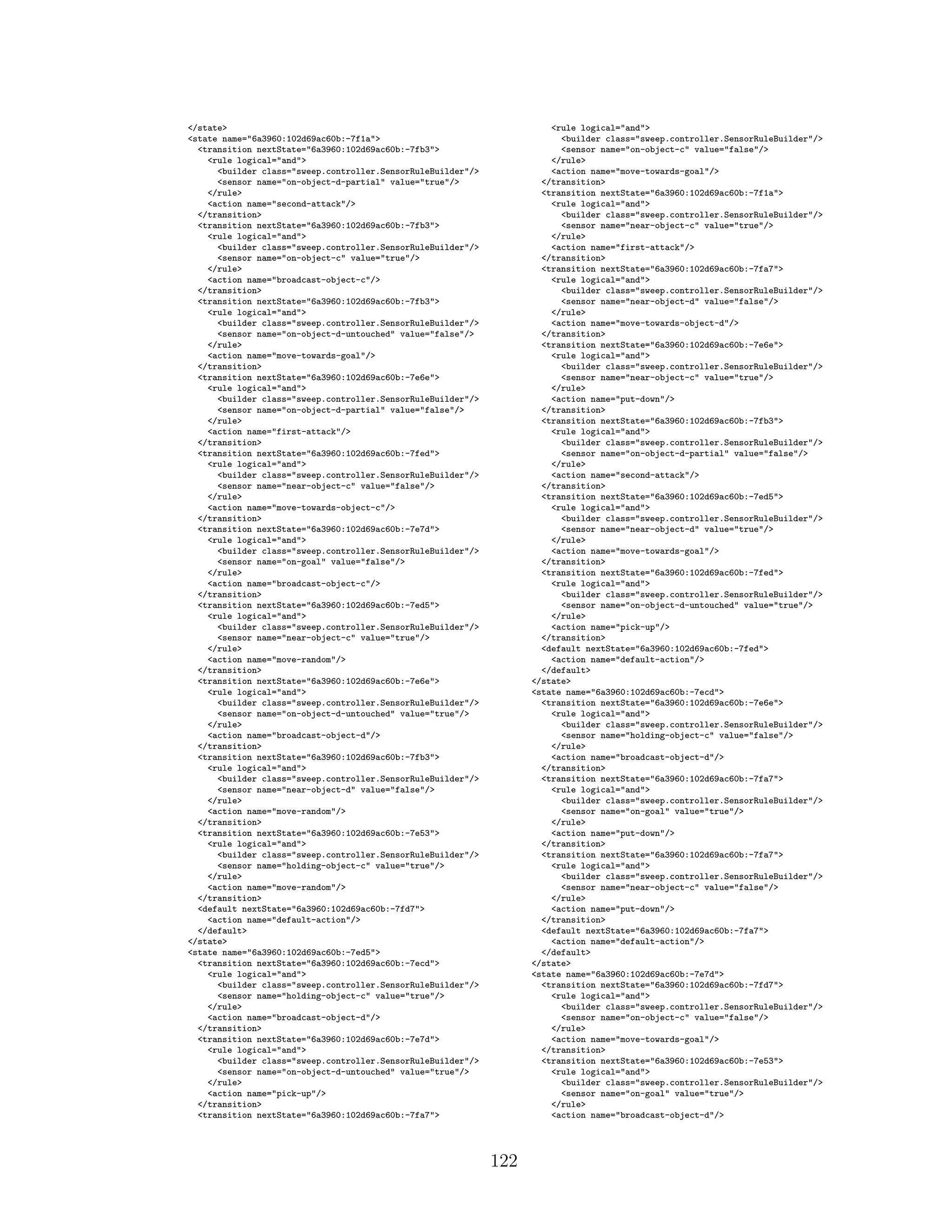 </state>
<state name="6a3960:102d69ac60b:-7f1a">
<transition nextState="6a3960:102d69ac60b:-7fb3">
<rule logical="and">
<builder class="sweep.controller.SensorRuleBuilder"/>
<sensor name="on-object-d-partial" value="true"/>
</rule>
<action name="second-attack"/>
</transition>
<transition nextState="6a3960:102d69ac60b:-7fb3">
<rule logical="and">
<builder class="sweep.controller.SensorRuleBuilder"/>
<sensor name="on-object-c" value="true"/>
</rule>
<action name="broadcast-object-c"/>
</transition>
<transition nextState="6a3960:102d69ac60b:-7fb3">
<rule logical="and">
<builder class="sweep.controller.SensorRuleBuilder"/>
<sensor name="on-object-d-untouched" value="false"/>
</rule>
<action name="move-towards-goal"/>
</transition>
<transition nextState="6a3960:102d69ac60b:-7e6e">
<rule logical="and">
<builder class="sweep.controller.SensorRuleBuilder"/>
<sensor name="on-object-d-partial" value="false"/>
</rule>
<action name="first-attack"/>
</transition>
<transition nextState="6a3960:102d69ac60b:-7fed">
<rule logical="and">
<builder class="sweep.controller.SensorRuleBuilder"/>
<sensor name="near-object-c" value="false"/>
</rule>
<action name="move-towards-object-c"/>
</transition>
<transition nextState="6a3960:102d69ac60b:-7e7d">
<rule logical="and">
<builder class="sweep.controller.SensorRuleBuilder"/>
<sensor name="on-goal" value="false"/>
</rule>
<action name="broadcast-object-c"/>
</transition>
<transition nextState="6a3960:102d69ac60b:-7ed5">
<rule logical="and">
<builder class="sweep.controller.SensorRuleBuilder"/>
<sensor name="near-object-c" value="true"/>
</rule>
<action name="move-random"/>
</transition>
<transition nextState="6a3960:102d69ac60b:-7e6e">
<rule logical="and">
<builder class="sweep.controller.SensorRuleBuilder"/>
<sensor name="on-object-d-untouched" value="true"/>
</rule>
<action name="broadcast-object-d"/>
</transition>
<transition nextState="6a3960:102d69ac60b:-7fb3">
<rule logical="and">
<builder class="sweep.controller.SensorRuleBuilder"/>
<sensor name="near-object-d" value="false"/>
</rule>
<action name="move-random"/>
</transition>
<transition nextState="6a3960:102d69ac60b:-7e53">
<rule logical="and">
<builder class="sweep.controller.SensorRuleBuilder"/>
<sensor name="holding-object-c" value="true"/>
</rule>
<action name="move-random"/>
</transition>
<default nextState="6a3960:102d69ac60b:-7fd7">
<action name="default-action"/>
</default>
</state>
<state name="6a3960:102d69ac60b:-7ed5">
<transition nextState="6a3960:102d69ac60b:-7ecd">
<rule logical="and">
<builder class="sweep.controller.SensorRuleBuilder"/>
<sensor name="holding-object-c" value="true"/>
</rule>
<action name="broadcast-object-d"/>
</transition>
<transition nextState="6a3960:102d69ac60b:-7e7d">
<rule logical="and">
<builder class="sweep.controller.SensorRuleBuilder"/>
<sensor name="on-object-d-untouched" value="true"/>
</rule>
<action name="pick-up"/>
</transition>
<transition nextState="6a3960:102d69ac60b:-7fa7">
<rule logical="and">
<builder class="sweep.controller.SensorRuleBuilder"/>
<sensor name="on-object-c" value="false"/>
</rule>
<action name="move-towards-goal"/>
</transition>
<transition nextState="6a3960:102d69ac60b:-7f1a">
<rule logical="and">
<builder class="sweep.controller.SensorRuleBuilder"/>
<sensor name="near-object-c" value="true"/>
</rule>
<action name="first-attack"/>
</transition>
<transition nextState="6a3960:102d69ac60b:-7fa7">
<rule logical="and">
<builder class="sweep.controller.SensorRuleBuilder"/>
<sensor name="near-object-d" value="false"/>
</rule>
<action name="move-towards-object-d"/>
</transition>
<transition nextState="6a3960:102d69ac60b:-7e6e">
<rule logical="and">
<builder class="sweep.controller.SensorRuleBuilder"/>
<sensor name="near-object-c" value="true"/>
</rule>
<action name="put-down"/>
</transition>
<transition nextState="6a3960:102d69ac60b:-7fb3">
<rule logical="and">
<builder class="sweep.controller.SensorRuleBuilder"/>
<sensor name="on-object-d-partial" value="false"/>
</rule>
<action name="second-attack"/>
</transition>
<transition nextState="6a3960:102d69ac60b:-7ed5">
<rule logical="and">
<builder class="sweep.controller.SensorRuleBuilder"/>
<sensor name="near-object-d" value="true"/>
</rule>
<action name="move-towards-goal"/>
</transition>
<transition nextState="6a3960:102d69ac60b:-7fed">
<rule logical="and">
<builder class="sweep.controller.SensorRuleBuilder"/>
<sensor name="on-object-d-untouched" value="true"/>
</rule>
<action name="pick-up"/>
</transition>
<default nextState="6a3960:102d69ac60b:-7fed">
<action name="default-action"/>
</default>
</state>
<state name="6a3960:102d69ac60b:-7ecd">
<transition nextState="6a3960:102d69ac60b:-7e6e">
<rule logical="and">
<builder class="sweep.controller.SensorRuleBuilder"/>
<sensor name="holding-object-c" value="false"/>
</rule>
<action name="broadcast-object-d"/>
</transition>
<transition nextState="6a3960:102d69ac60b:-7fa7">
<rule logical="and">
<builder class="sweep.controller.SensorRuleBuilder"/>
<sensor name="on-goal" value="true"/>
</rule>
<action name="put-down"/>
</transition>
<transition nextState="6a3960:102d69ac60b:-7fa7">
<rule logical="and">
<builder class="sweep.controller.SensorRuleBuilder"/>
<sensor name="near-object-c" value="false"/>
</rule>
<action name="put-down"/>
</transition>
<default nextState="6a3960:102d69ac60b:-7fa7">
<action name="default-action"/>
</default>
</state>
<state name="6a3960:102d69ac60b:-7e7d">
<transition nextState="6a3960:102d69ac60b:-7fd7">
<rule logical="and">
<builder class="sweep.controller.SensorRuleBuilder"/>
<sensor name="on-object-c" value="false"/>
</rule>
<action name="move-towards-goal"/>
</transition>
<transition nextState="6a3960:102d69ac60b:-7e53">
<rule logical="and">
<builder class="sweep.controller.SensorRuleBuilder"/>
<sensor name="on-goal" value="true"/>
</rule>
<action name="broadcast-object-d"/>
122
 
