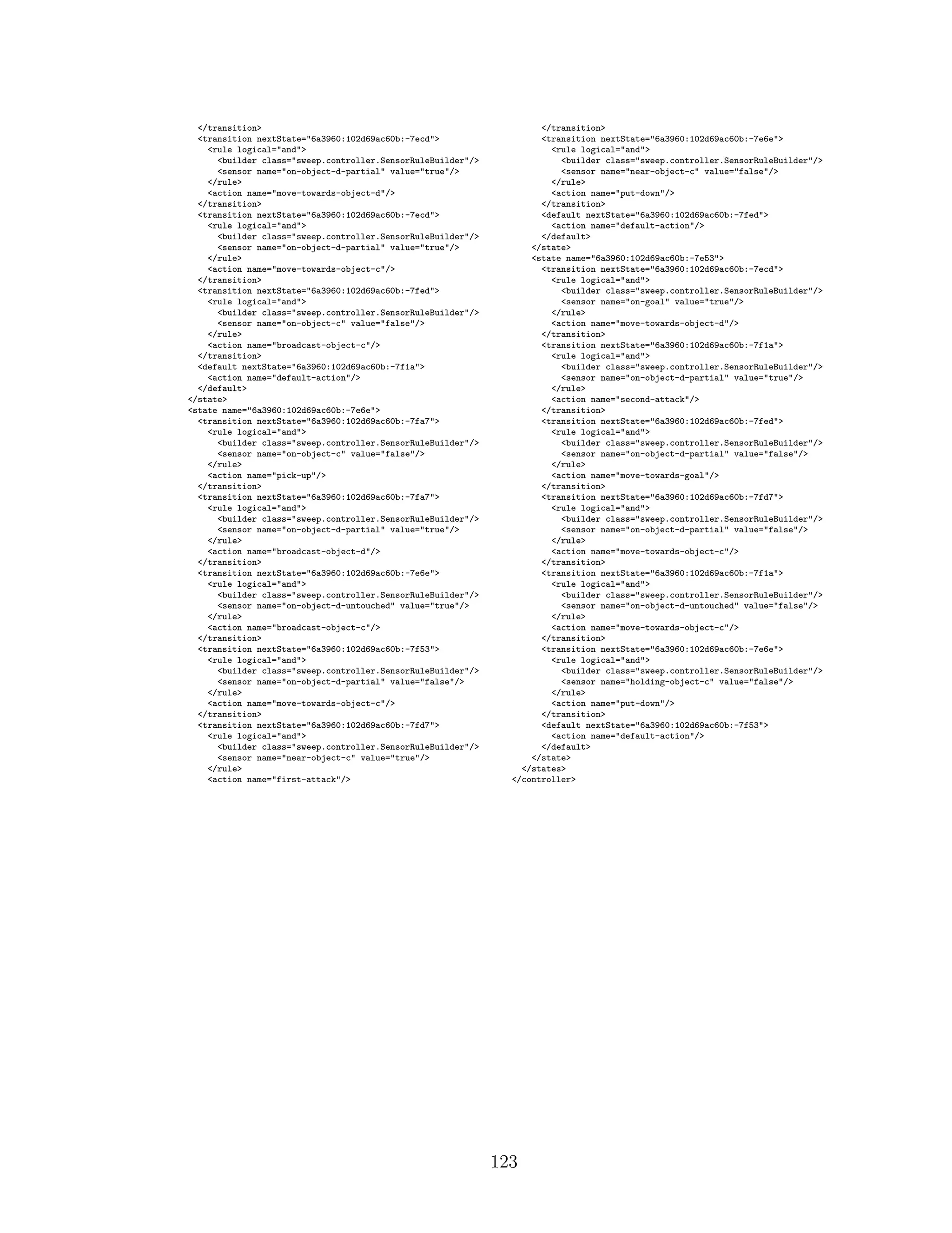 </transition>
<transition nextState="6a3960:102d69ac60b:-7ecd">
<rule logical="and">
<builder class="sweep.controller.SensorRuleBuilder"/>
<sensor name="on-object-d-partial" value="true"/>
</rule>
<action name="move-towards-object-d"/>
</transition>
<transition nextState="6a3960:102d69ac60b:-7ecd">
<rule logical="and">
<builder class="sweep.controller.SensorRuleBuilder"/>
<sensor name="on-object-d-partial" value="true"/>
</rule>
<action name="move-towards-object-c"/>
</transition>
<transition nextState="6a3960:102d69ac60b:-7fed">
<rule logical="and">
<builder class="sweep.controller.SensorRuleBuilder"/>
<sensor name="on-object-c" value="false"/>
</rule>
<action name="broadcast-object-c"/>
</transition>
<default nextState="6a3960:102d69ac60b:-7f1a">
<action name="default-action"/>
</default>
</state>
<state name="6a3960:102d69ac60b:-7e6e">
<transition nextState="6a3960:102d69ac60b:-7fa7">
<rule logical="and">
<builder class="sweep.controller.SensorRuleBuilder"/>
<sensor name="on-object-c" value="false"/>
</rule>
<action name="pick-up"/>
</transition>
<transition nextState="6a3960:102d69ac60b:-7fa7">
<rule logical="and">
<builder class="sweep.controller.SensorRuleBuilder"/>
<sensor name="on-object-d-partial" value="true"/>
</rule>
<action name="broadcast-object-d"/>
</transition>
<transition nextState="6a3960:102d69ac60b:-7e6e">
<rule logical="and">
<builder class="sweep.controller.SensorRuleBuilder"/>
<sensor name="on-object-d-untouched" value="true"/>
</rule>
<action name="broadcast-object-c"/>
</transition>
<transition nextState="6a3960:102d69ac60b:-7f53">
<rule logical="and">
<builder class="sweep.controller.SensorRuleBuilder"/>
<sensor name="on-object-d-partial" value="false"/>
</rule>
<action name="move-towards-object-c"/>
</transition>
<transition nextState="6a3960:102d69ac60b:-7fd7">
<rule logical="and">
<builder class="sweep.controller.SensorRuleBuilder"/>
<sensor name="near-object-c" value="true"/>
</rule>
<action name="first-attack"/>
</transition>
<transition nextState="6a3960:102d69ac60b:-7e6e">
<rule logical="and">
<builder class="sweep.controller.SensorRuleBuilder"/>
<sensor name="near-object-c" value="false"/>
</rule>
<action name="put-down"/>
</transition>
<default nextState="6a3960:102d69ac60b:-7fed">
<action name="default-action"/>
</default>
</state>
<state name="6a3960:102d69ac60b:-7e53">
<transition nextState="6a3960:102d69ac60b:-7ecd">
<rule logical="and">
<builder class="sweep.controller.SensorRuleBuilder"/>
<sensor name="on-goal" value="true"/>
</rule>
<action name="move-towards-object-d"/>
</transition>
<transition nextState="6a3960:102d69ac60b:-7f1a">
<rule logical="and">
<builder class="sweep.controller.SensorRuleBuilder"/>
<sensor name="on-object-d-partial" value="true"/>
</rule>
<action name="second-attack"/>
</transition>
<transition nextState="6a3960:102d69ac60b:-7fed">
<rule logical="and">
<builder class="sweep.controller.SensorRuleBuilder"/>
<sensor name="on-object-d-partial" value="false"/>
</rule>
<action name="move-towards-goal"/>
</transition>
<transition nextState="6a3960:102d69ac60b:-7fd7">
<rule logical="and">
<builder class="sweep.controller.SensorRuleBuilder"/>
<sensor name="on-object-d-partial" value="false"/>
</rule>
<action name="move-towards-object-c"/>
</transition>
<transition nextState="6a3960:102d69ac60b:-7f1a">
<rule logical="and">
<builder class="sweep.controller.SensorRuleBuilder"/>
<sensor name="on-object-d-untouched" value="false"/>
</rule>
<action name="move-towards-object-c"/>
</transition>
<transition nextState="6a3960:102d69ac60b:-7e6e">
<rule logical="and">
<builder class="sweep.controller.SensorRuleBuilder"/>
<sensor name="holding-object-c" value="false"/>
</rule>
<action name="put-down"/>
</transition>
<default nextState="6a3960:102d69ac60b:-7f53">
<action name="default-action"/>
</default>
</state>
</states>
</controller>
123
 